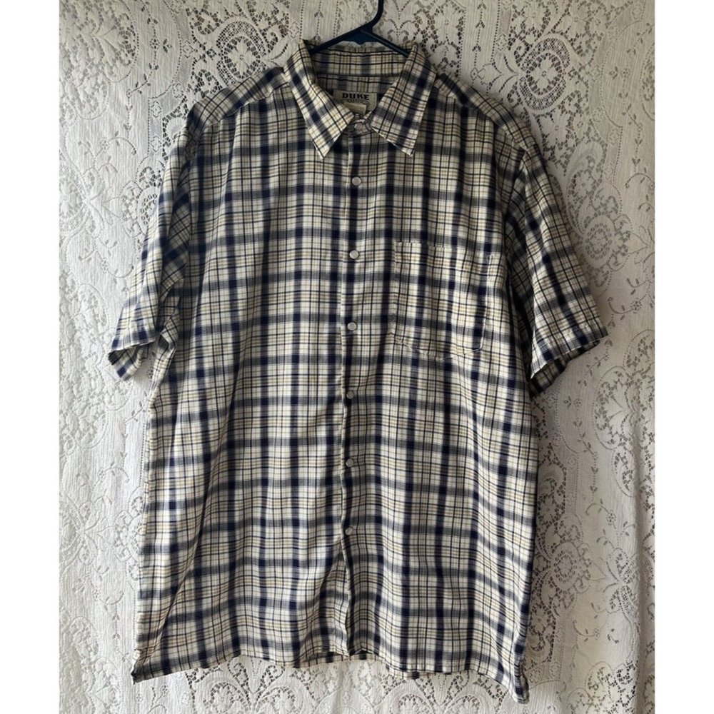 Vtg Duke Haband‎ Blue Tan White Western Cowboy Pearl Snap Short Sleeve Shirt L